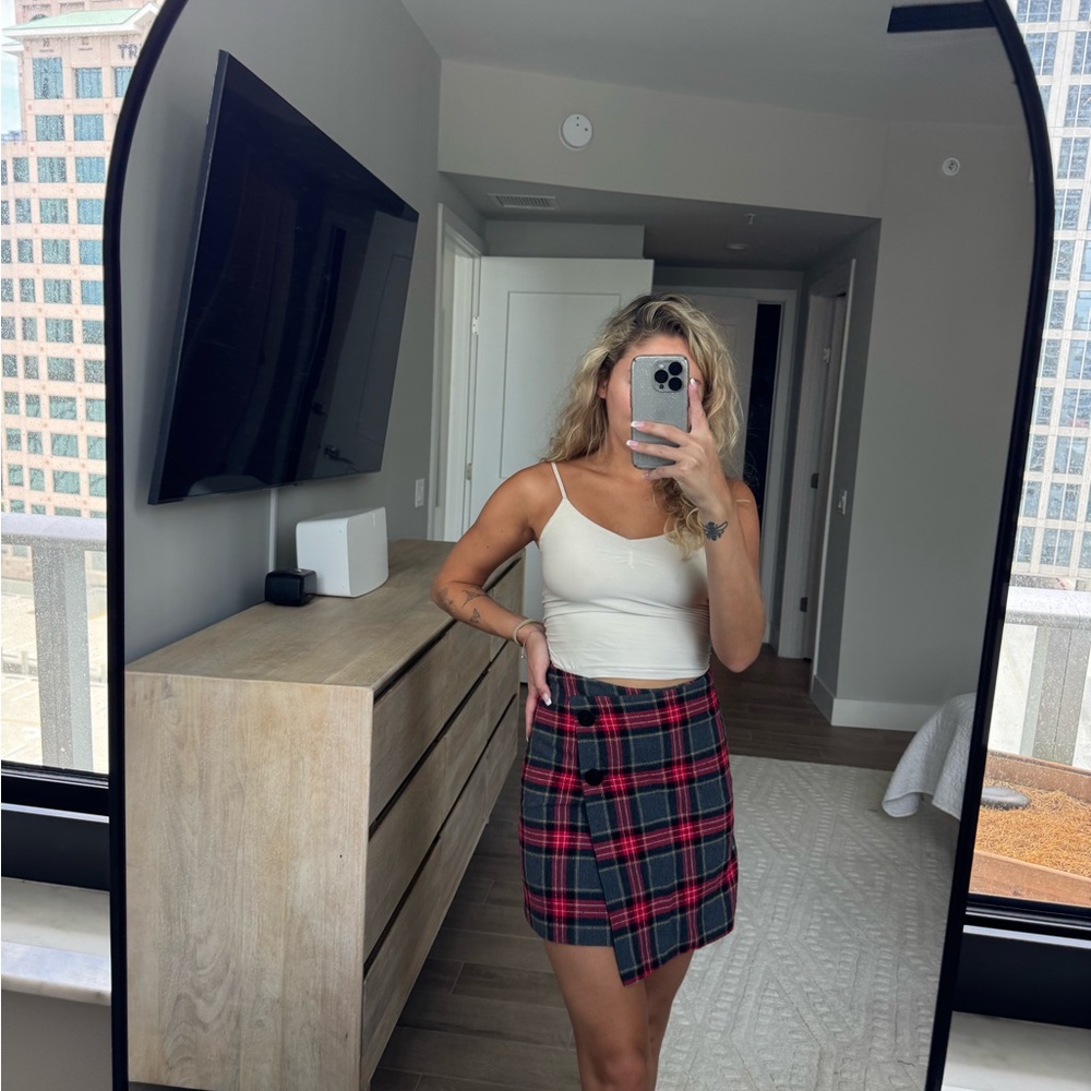 H&M Red Blue Asymmetrical Wrap Mini Skort